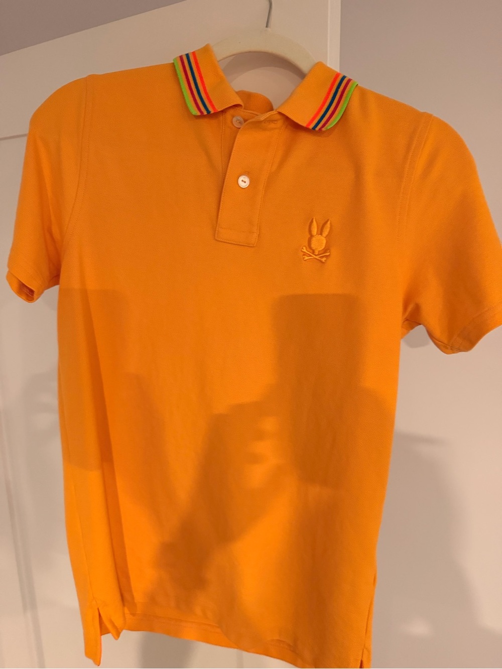 Psycho Bunny Bright Orange Polo with Rainbow-Trim Collar